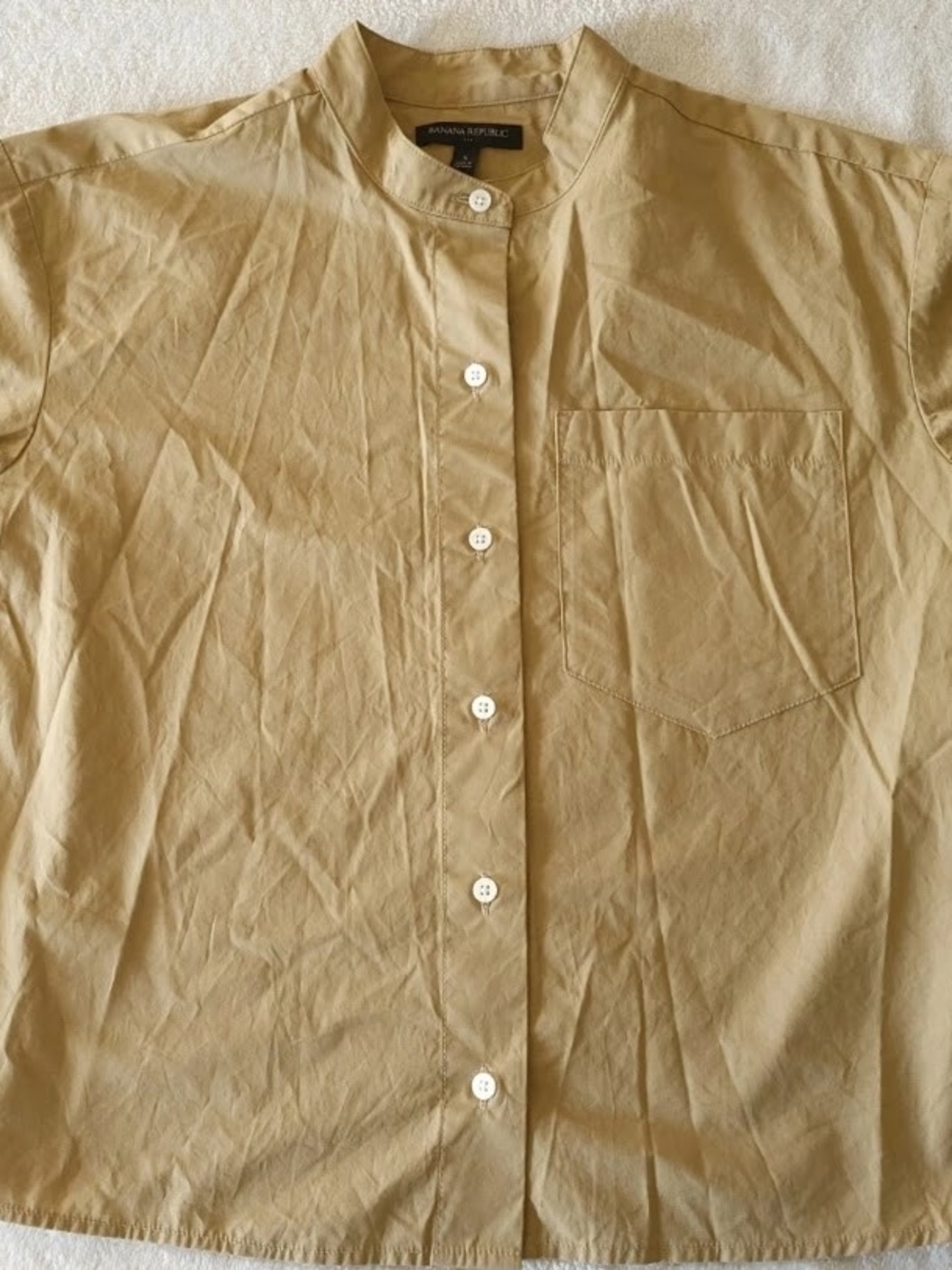Banana Republic Cotton Khaki Puff Smocked Sleeve Button Front Blouse Top Small